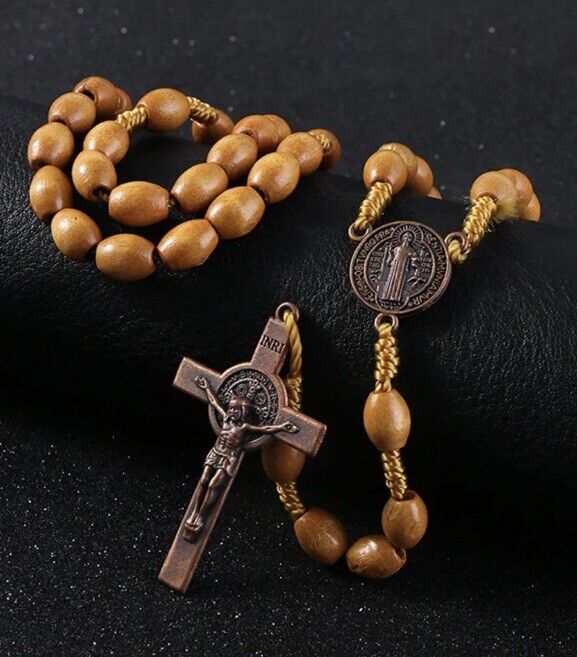 St Saint Benedict (The Protector) Wood Bead holy Catholic Rosary Copper Crucifix