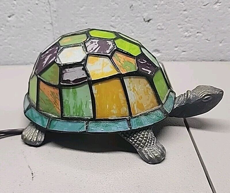 Tiffany-Like Style Stained Glass Brass Turtle Accent Lamp w On/Off Switch Vtg 2