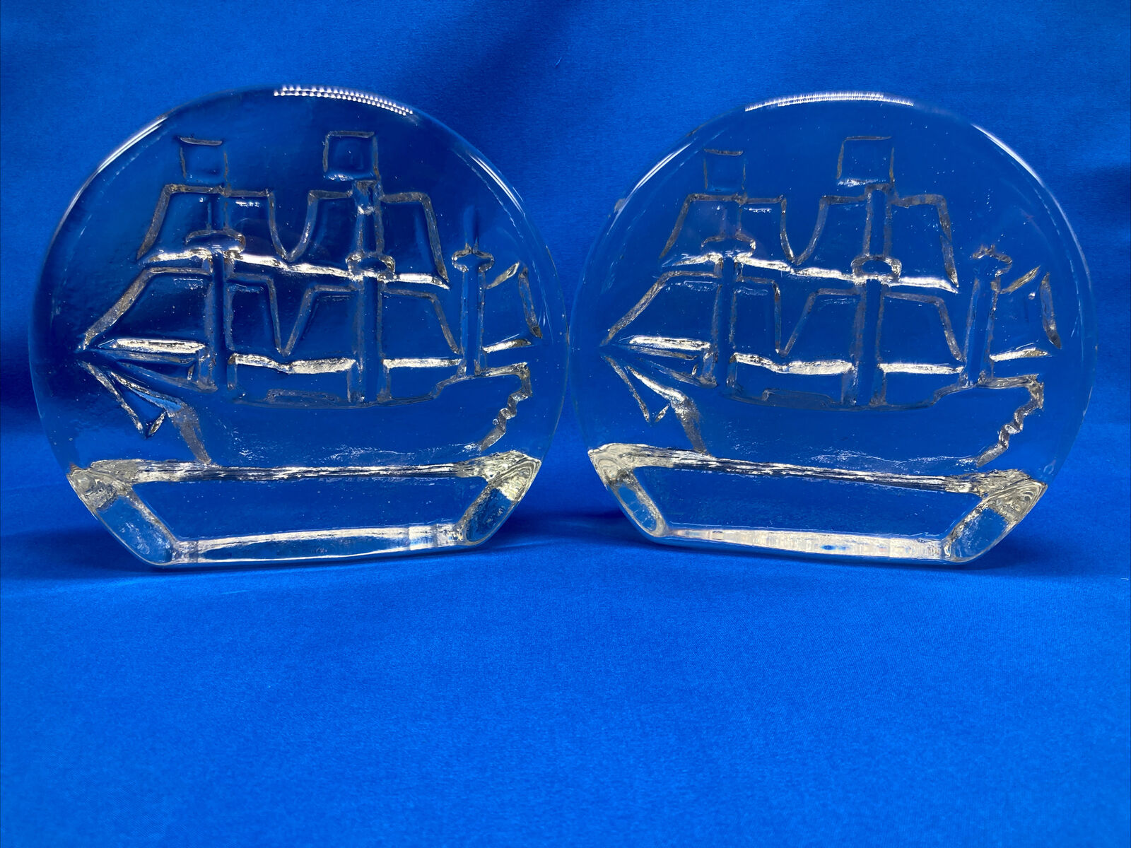 Blenko or pilgrim Glass Ship Sea Boat Bookends paper weights heavy solid set