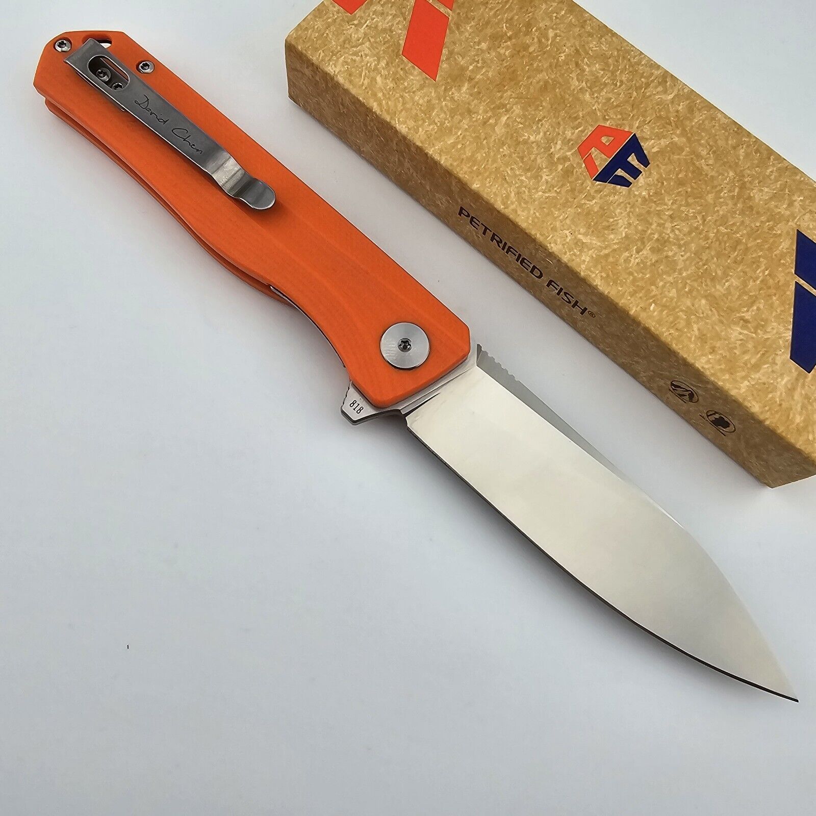 Petrified Fish PF818 Forward Folding Knife Satin D2 Blade Orange G10 Handles
