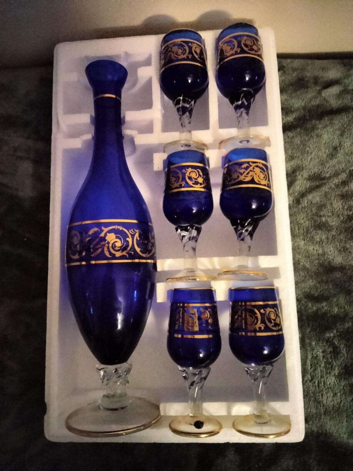 Bohemian Venice 1988 Glass Cobalt Blue Gold Gilt Decanter With 6 Glass  Set