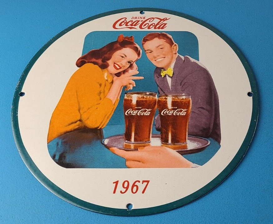 Vintage Coca Cola Porcelain Sign - Gas Pump Plate Service Diner Girl Sign