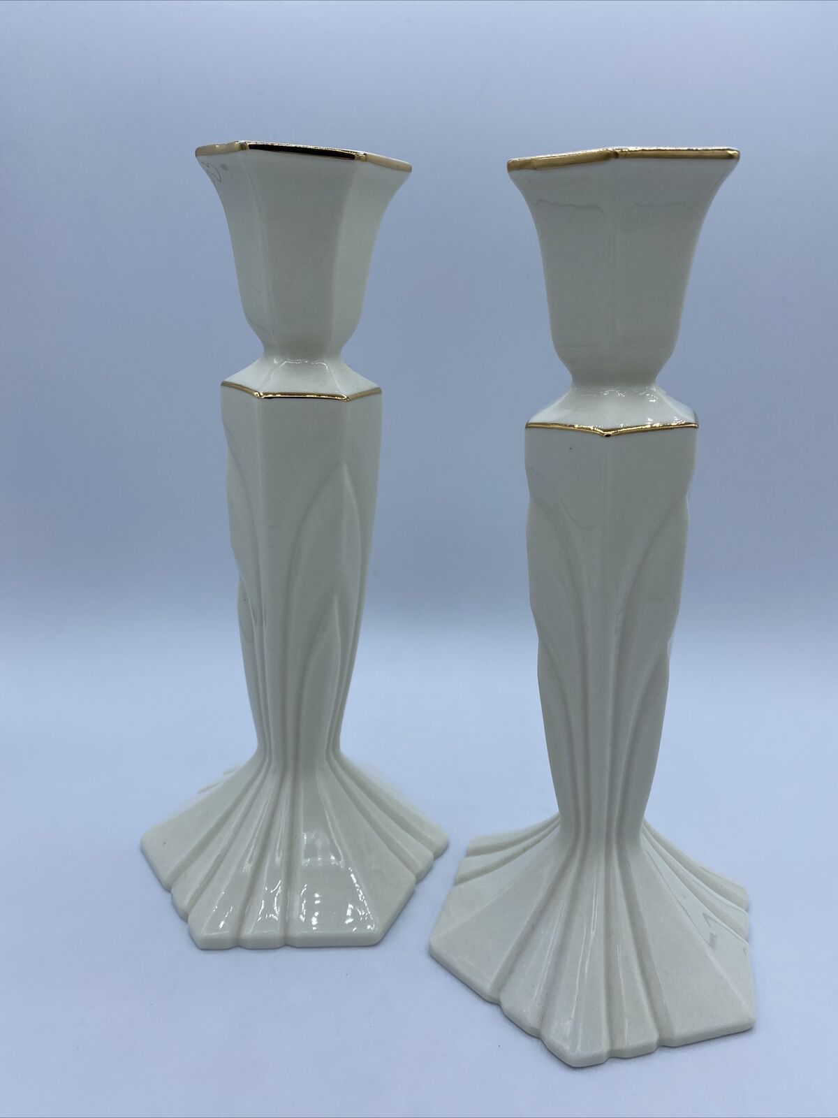 Vintage Pair Of Candle Holder, Ivory Gold Trim, Rare