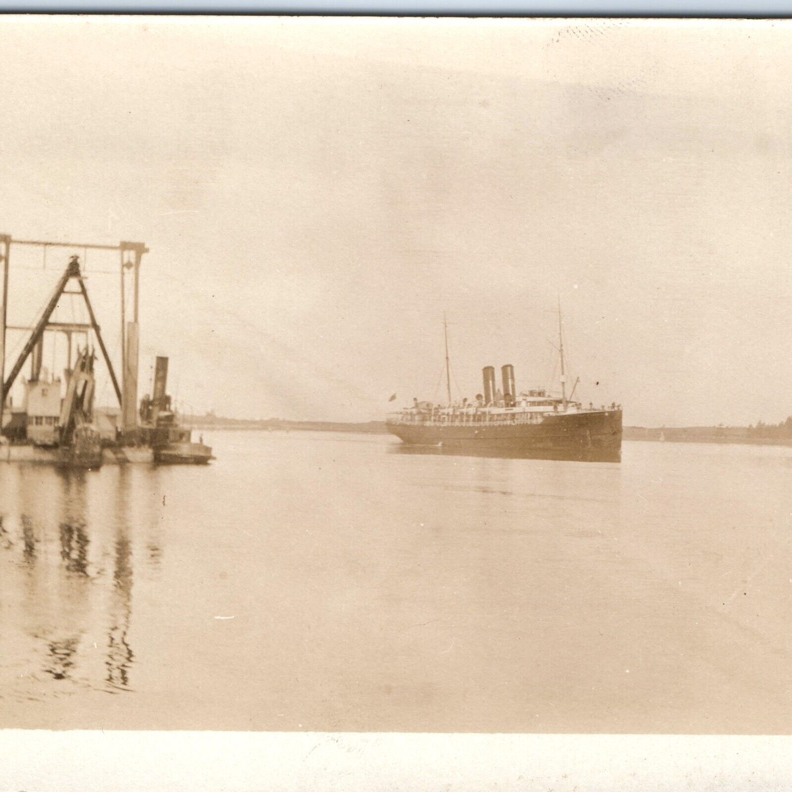 c1910s Steamship in River RPPC Steam Dredge Steamer Tug Real Photo Postcard A125