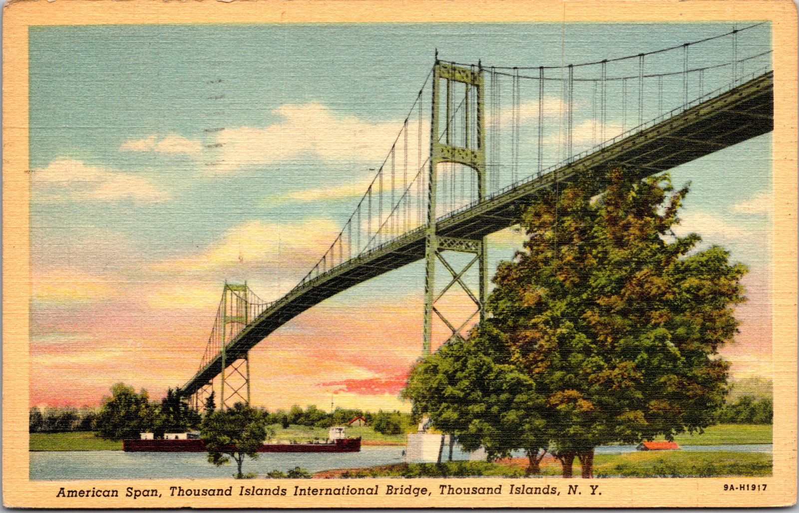 Vintage 1941 Barge Under International Bridge Thousand Islands New York Postcard