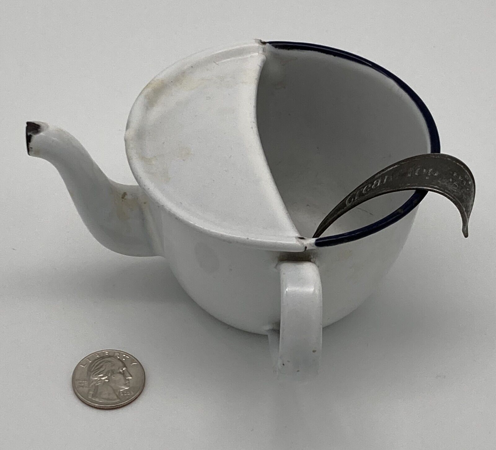 Antique Lot Enamel Hospital Invalid Feeding Cup and 1924 Cream Top Curved Spoon
