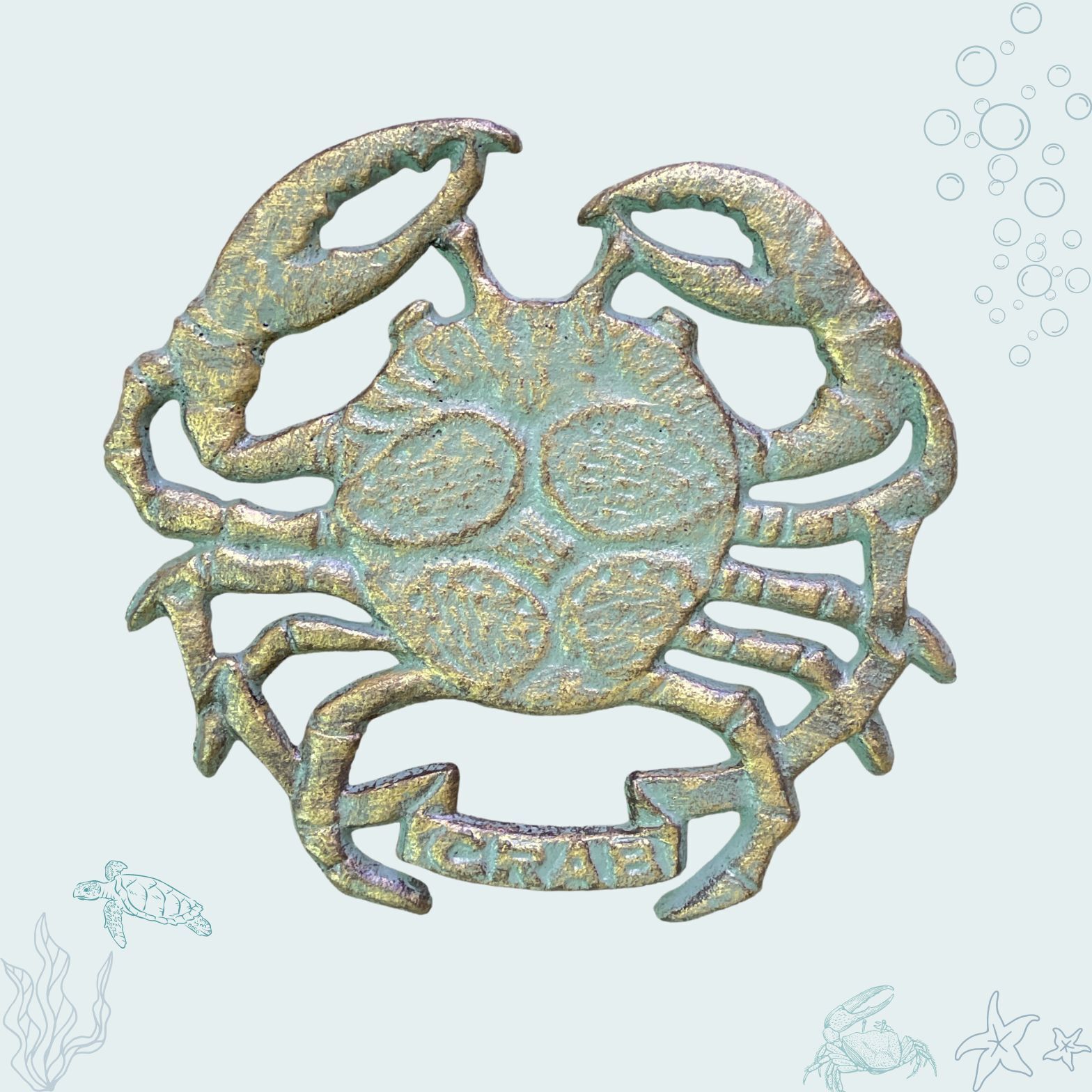 Trivet with Cast Iron Verdigris Crab Antique Bronze Design