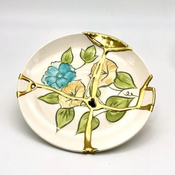 Kintsugi Plate Floral Vanity Cache Gold Crack Art Personal Growth Gift