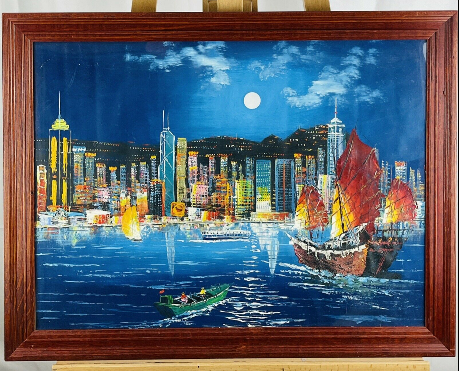 Vintage Modern Abstract Junk Boat Hong Kong Harbor Seascape Acrylic on Paper