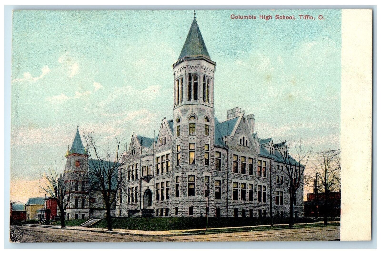 c1910's Columbia High School Exterior Roadside Tiffin Ohio OH Unposted Postcard
