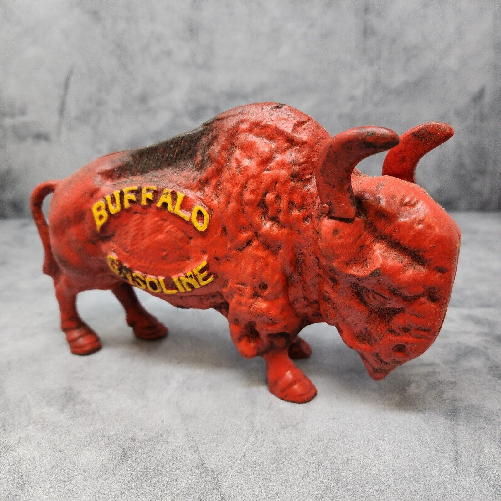 Buffalo Gasoline Piggy Bank Cast Iron Raised Lettering Painted Antique Finish
