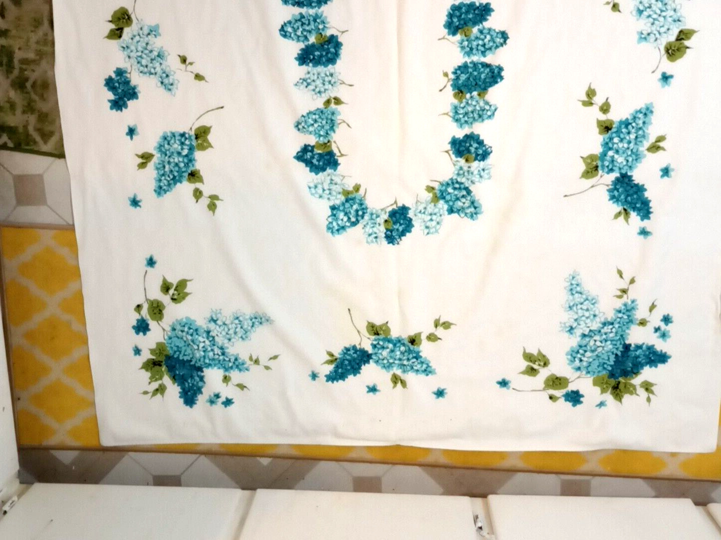 Wilendur Lilacs Tablecloth Vintage Aqua Flowers Teal Floral Leaves MCM Print