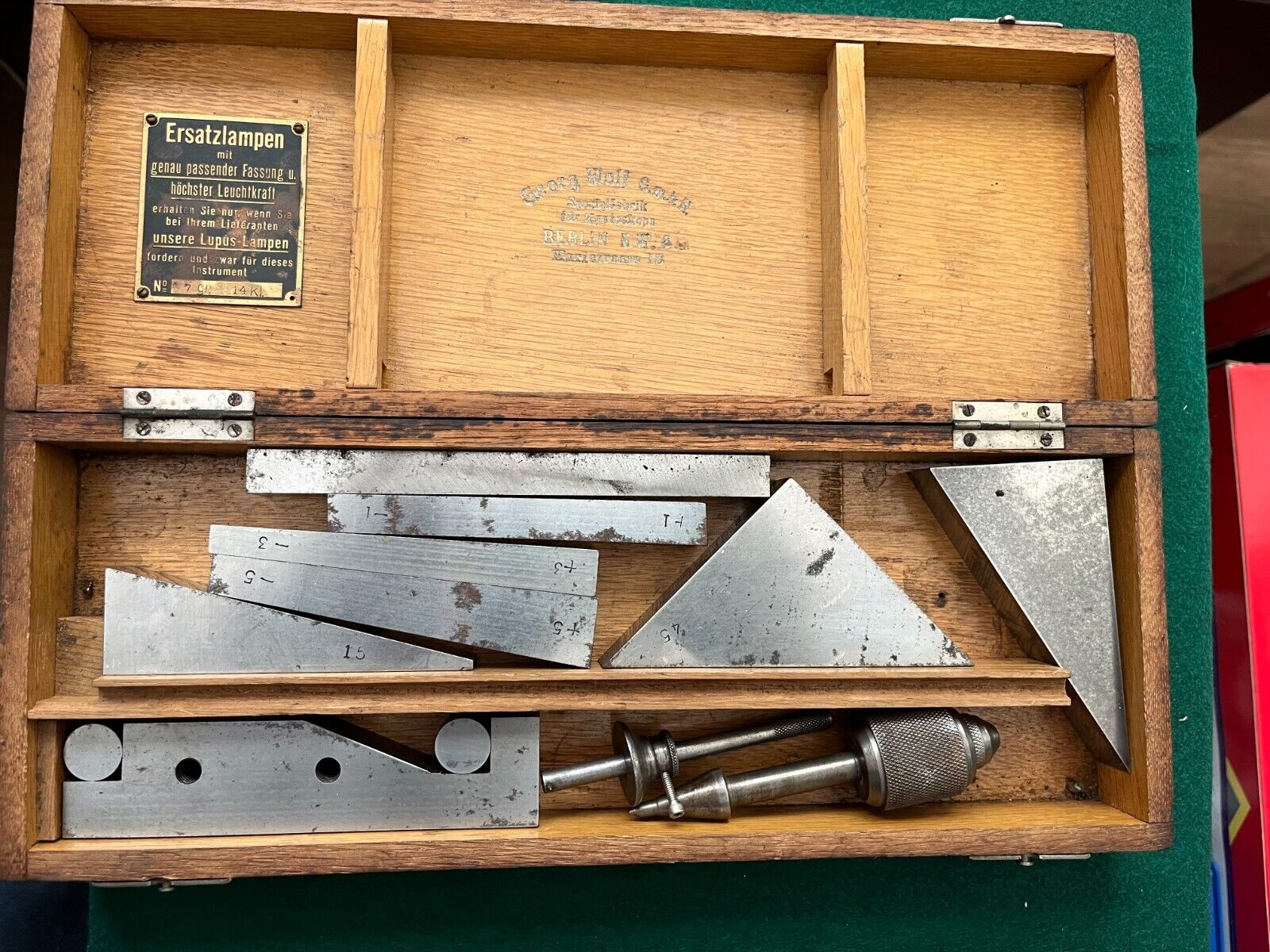 Vintage German Wood Box With Sine Bar Precision Angle Blocks Scrib, Center Punch