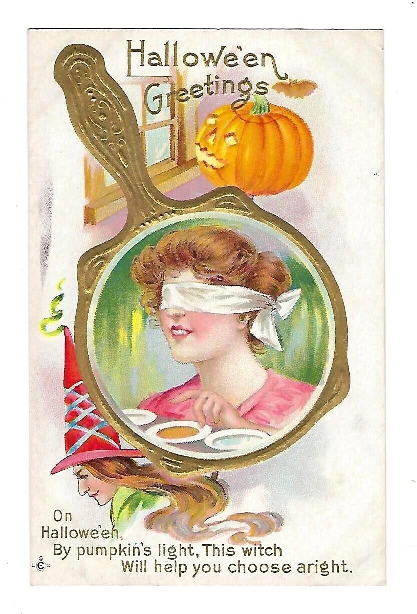 Early 1900\'s LSC. Co. Series #248 Halloween Postcard Witch, Pumpkin, Mirror