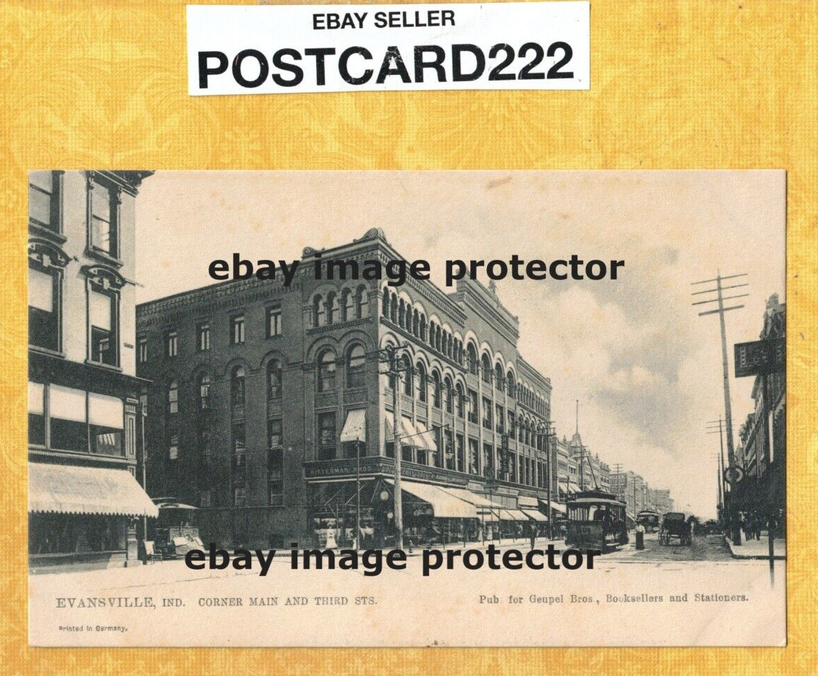IN Evansville 1901-09 udb antique postcard BUILDINGS & TROLLEY corner of Main 3r