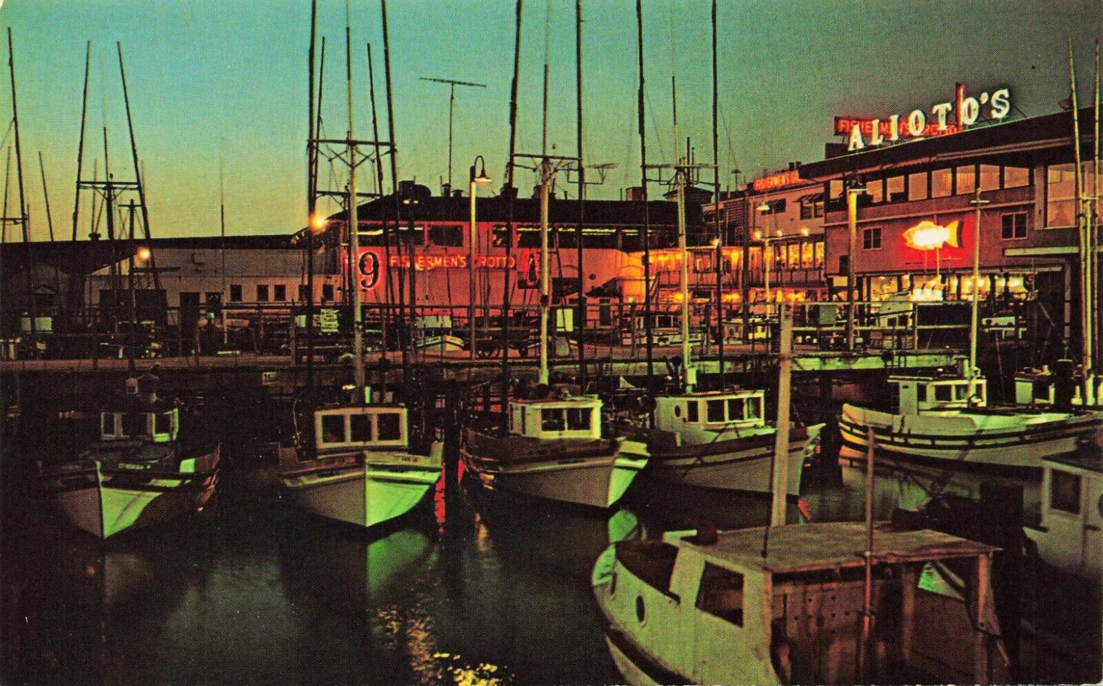 Postcard San Francisco, California, Fisherman's Wharf at Night, Vintage