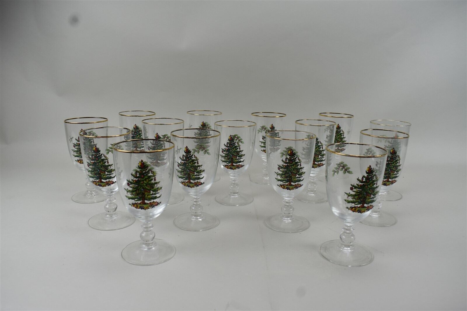 Spode Christmas Tree Goblets Clear 16 oz Gold Rim Pedestal Set of 15 