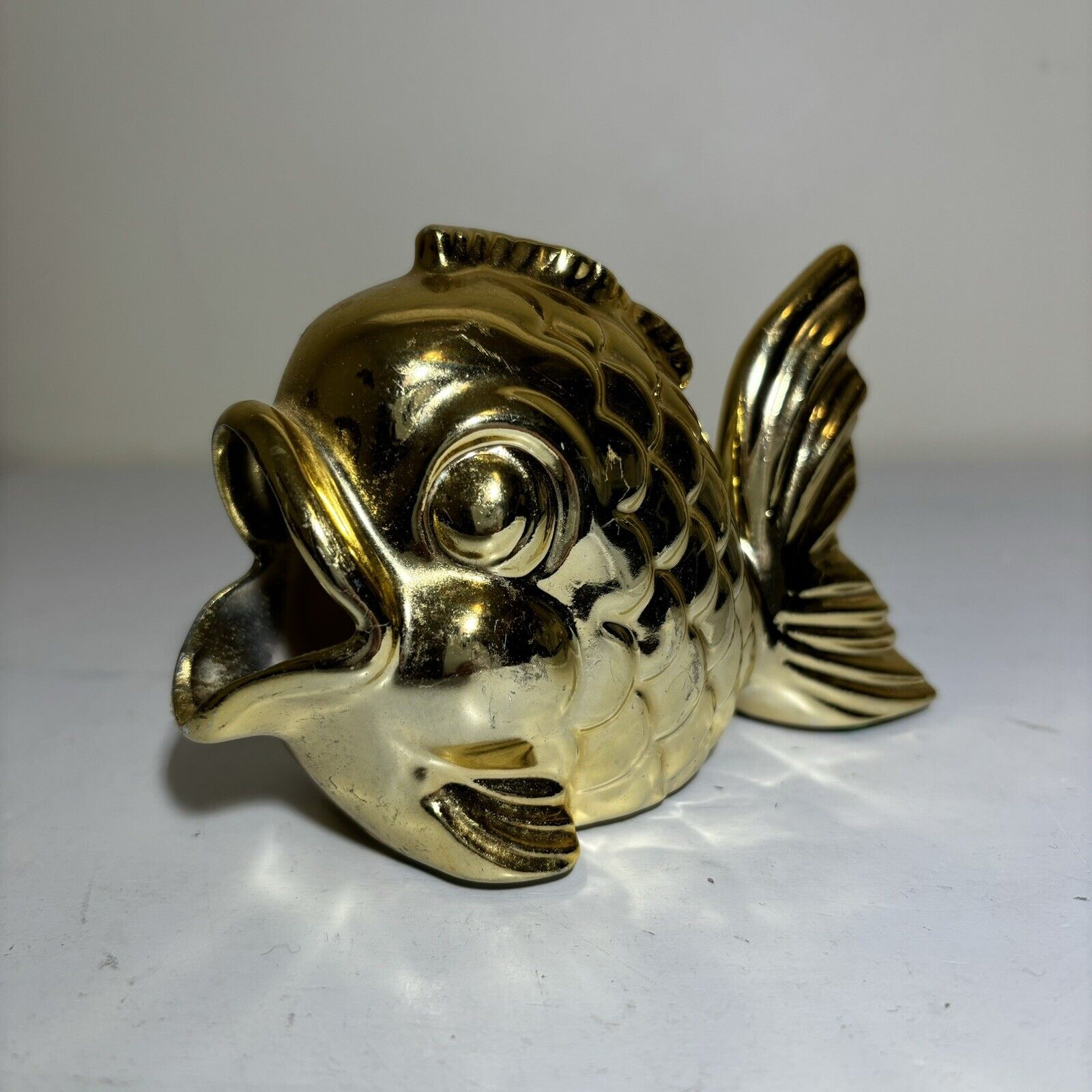Vintage Big Mouth Fish Ashtray Metallic Gold Japanese Koi Kitsch Retro Japan MCM