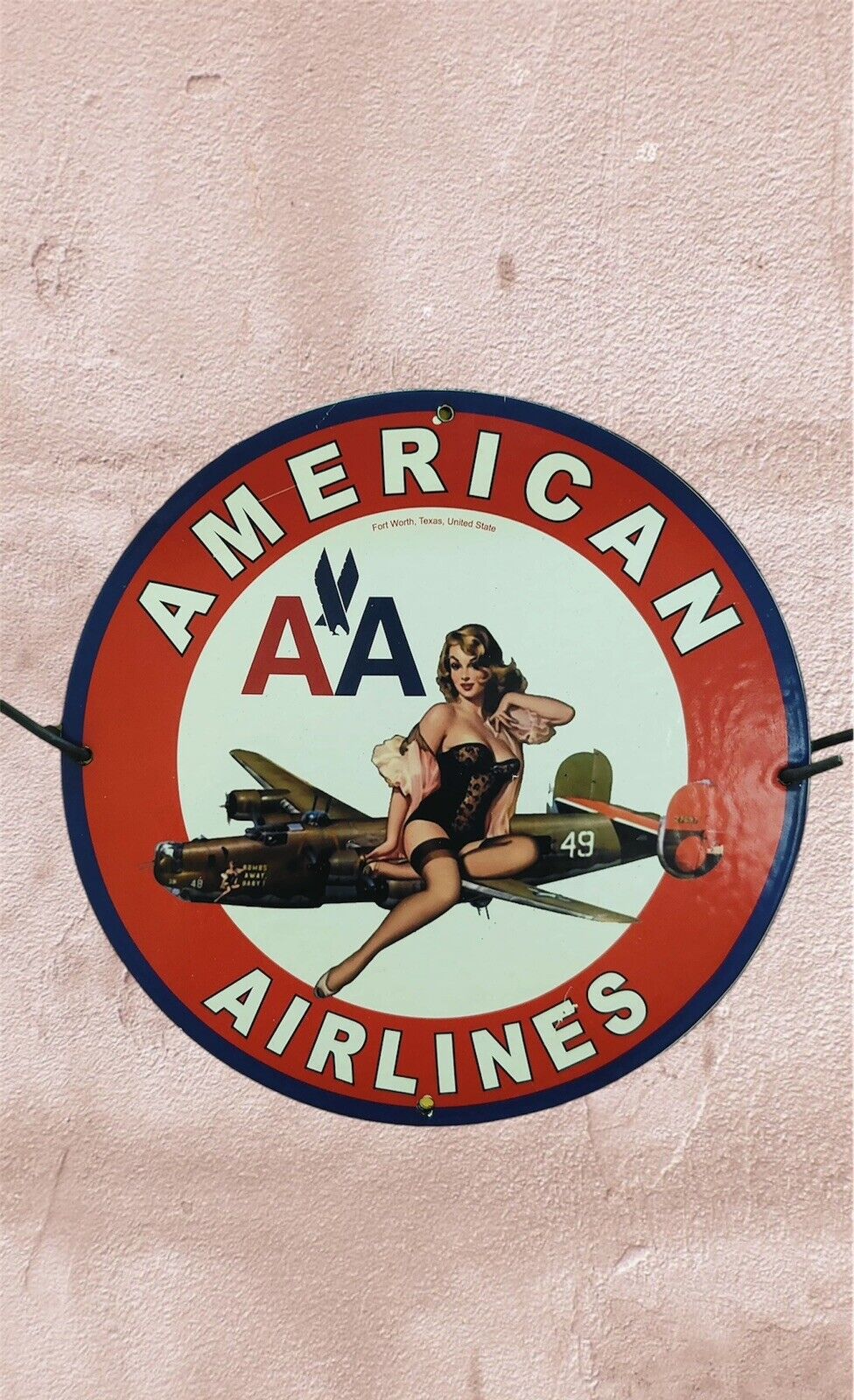 RARE AMERICAN AIRLINES PINUP BABE PORCELAIN GAS OIL AVIATION SERVICE PUMP SIGN