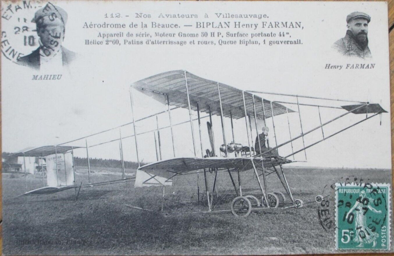 French Aviation 1910 Postcard, Mahieu, Henry Farman, Biplane Airplane