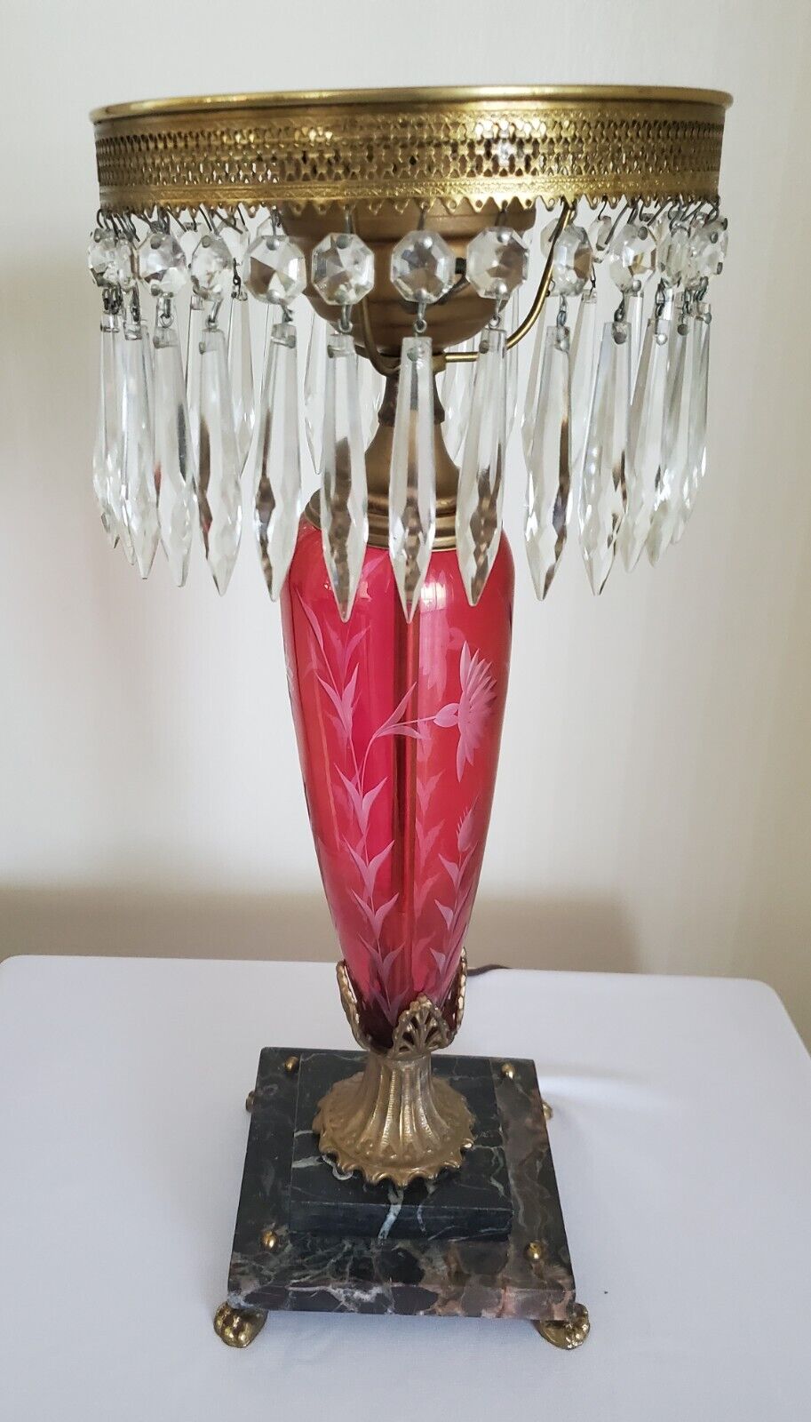 Vintage Cranberry Etched Glass Lamp Base With Prisms And Marble Base