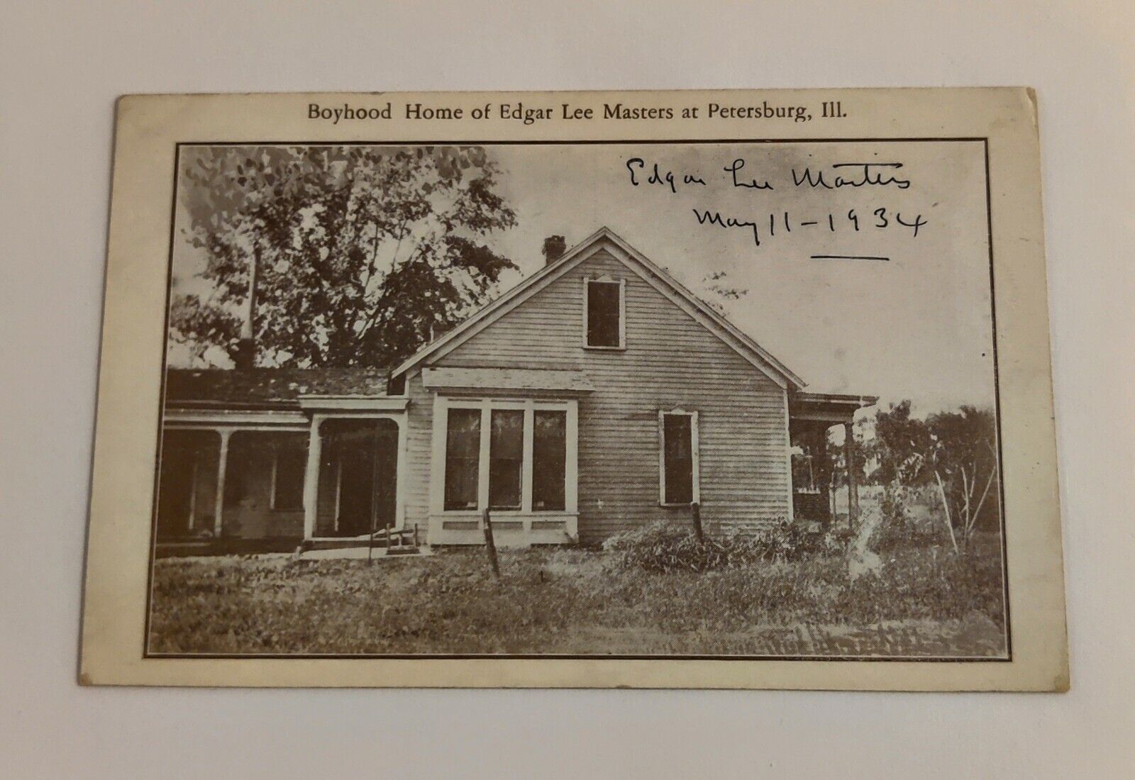 1934 Edgar Lee Masters Signed Autographed Sepia Postcard Of Masters Boyhood Home