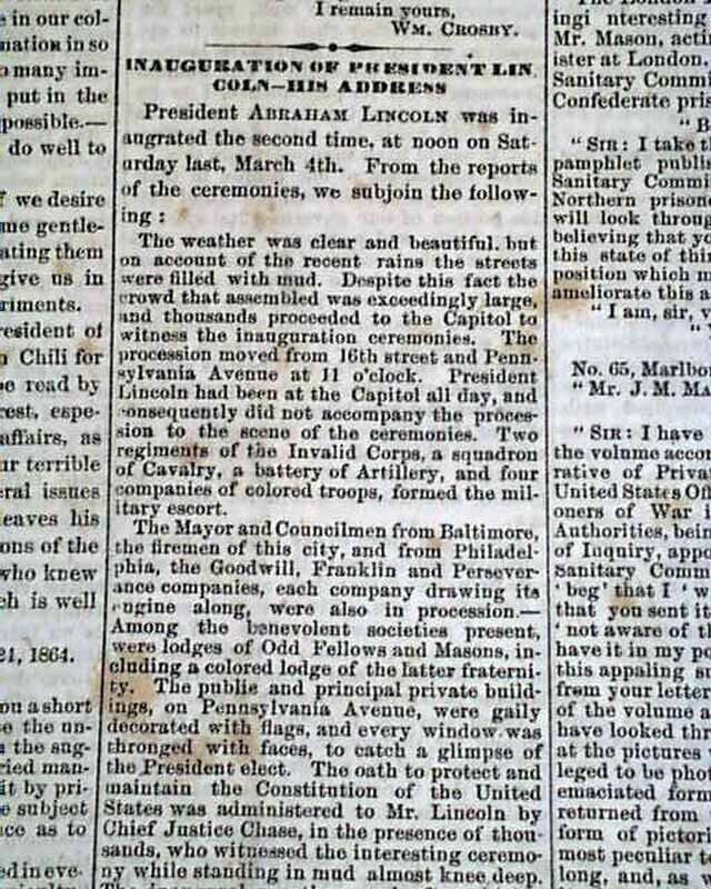 ABRAHAM LINCOLN INAUGURATION Inaugural Address 1865 Pro Confederate Newspaper