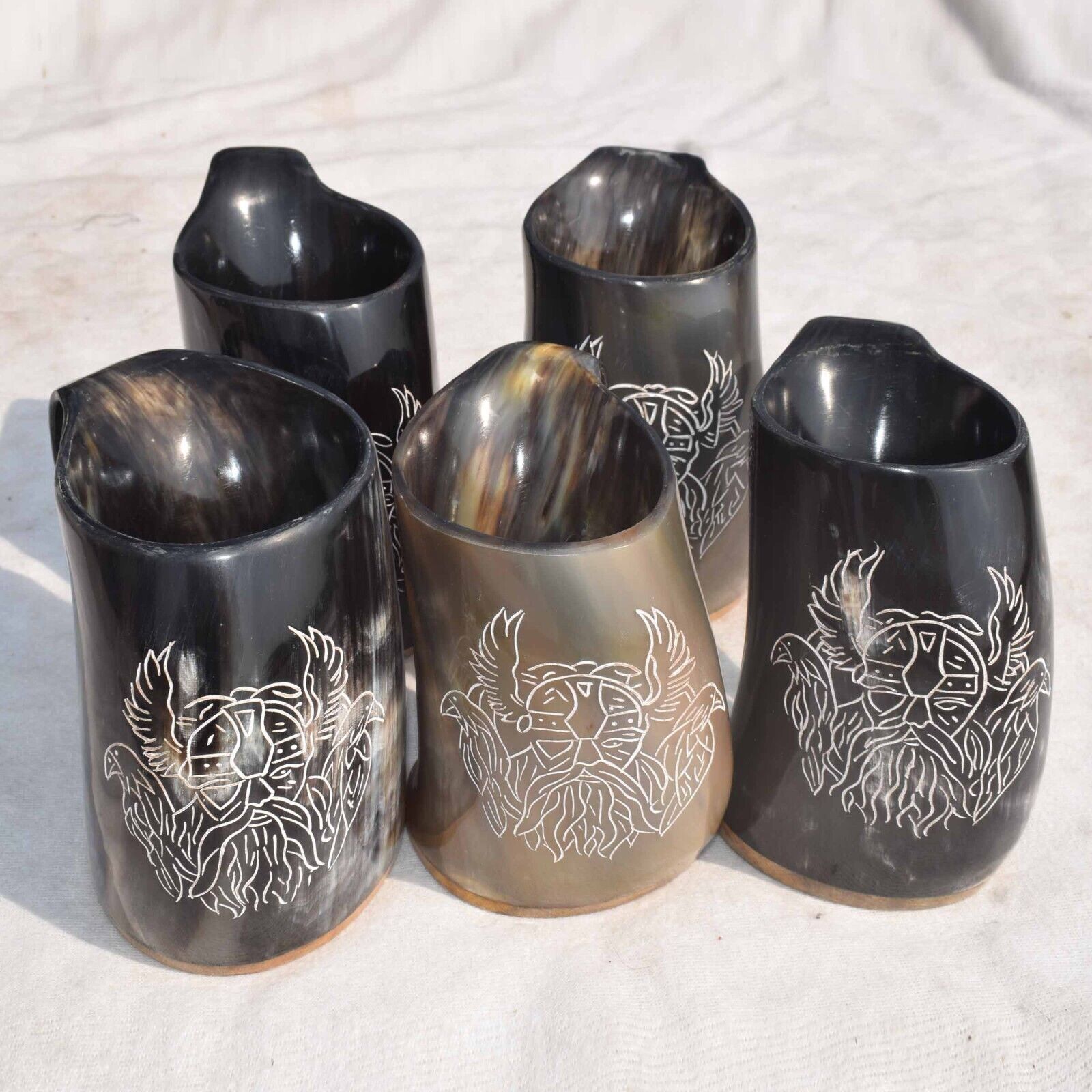 Natural Medieval Viking Dining Bovine Horn Drinking Cup Mug Set - 5 Pieces