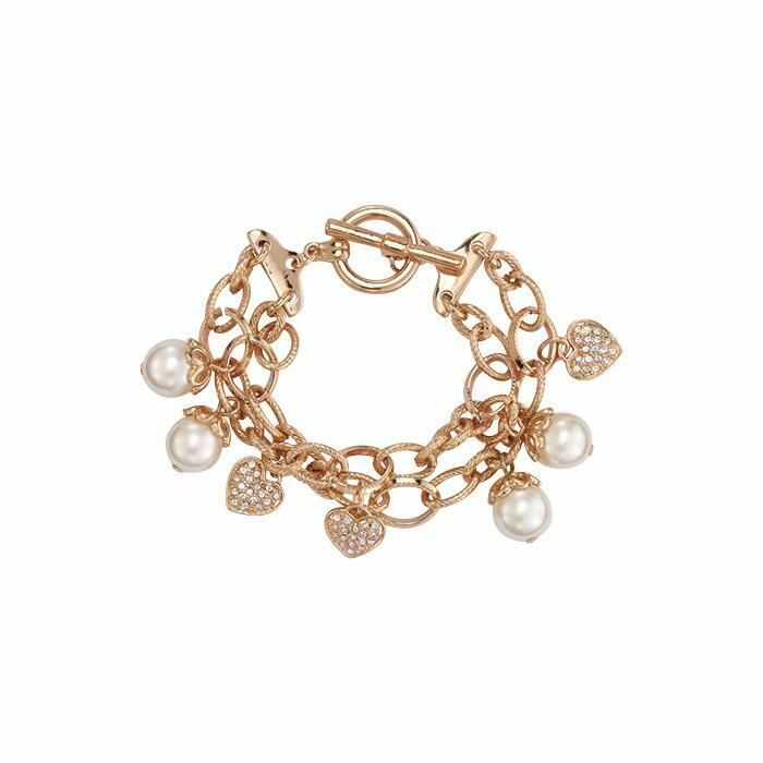 Avon Double Chain Pave Bracelet Heart Goldtone Faux Rhinestone & Pearls