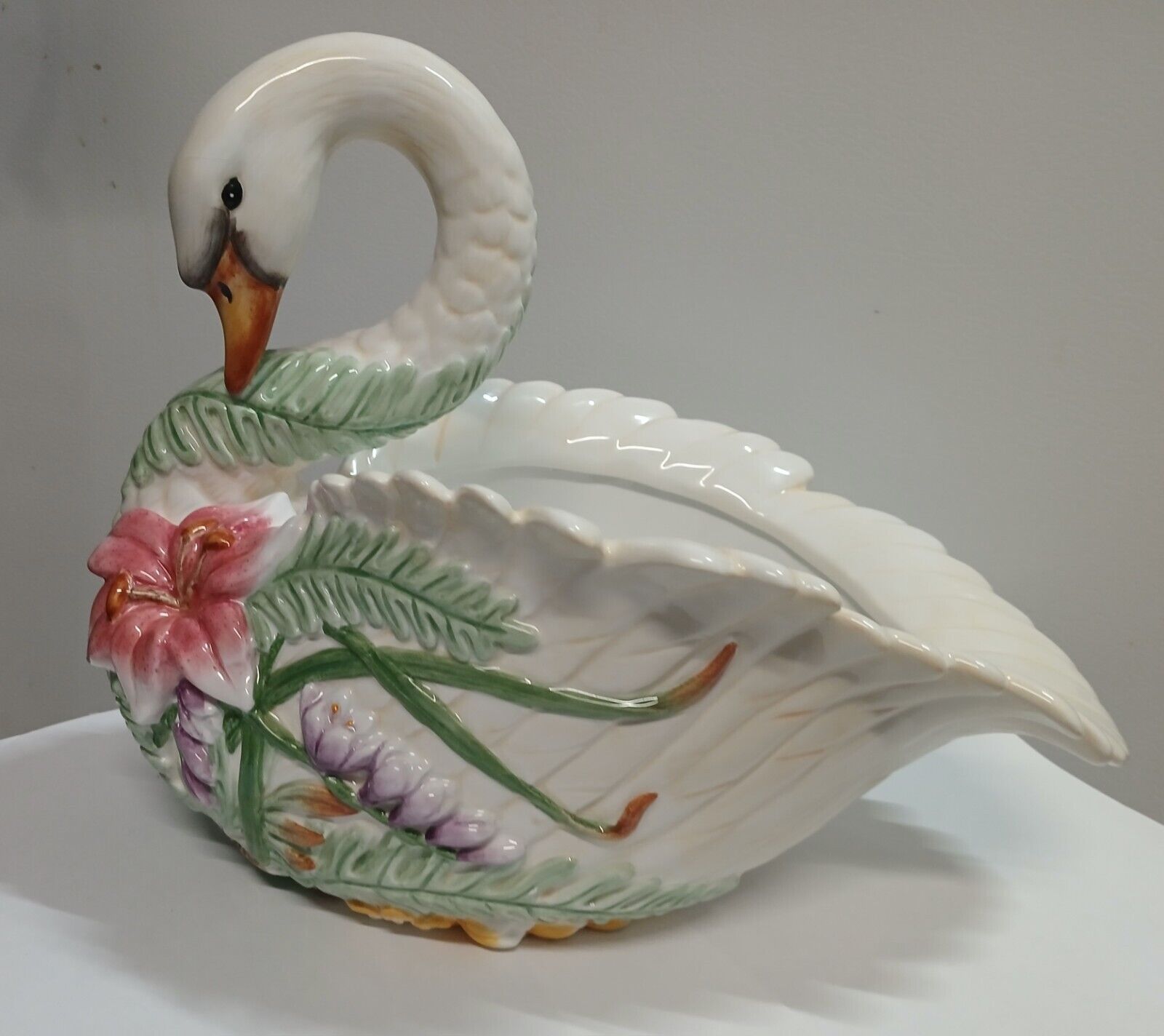 Vintage Fitz & Floyd Ceramic Floral Design Swan Bowl Home Bath Vanity Decor MCM