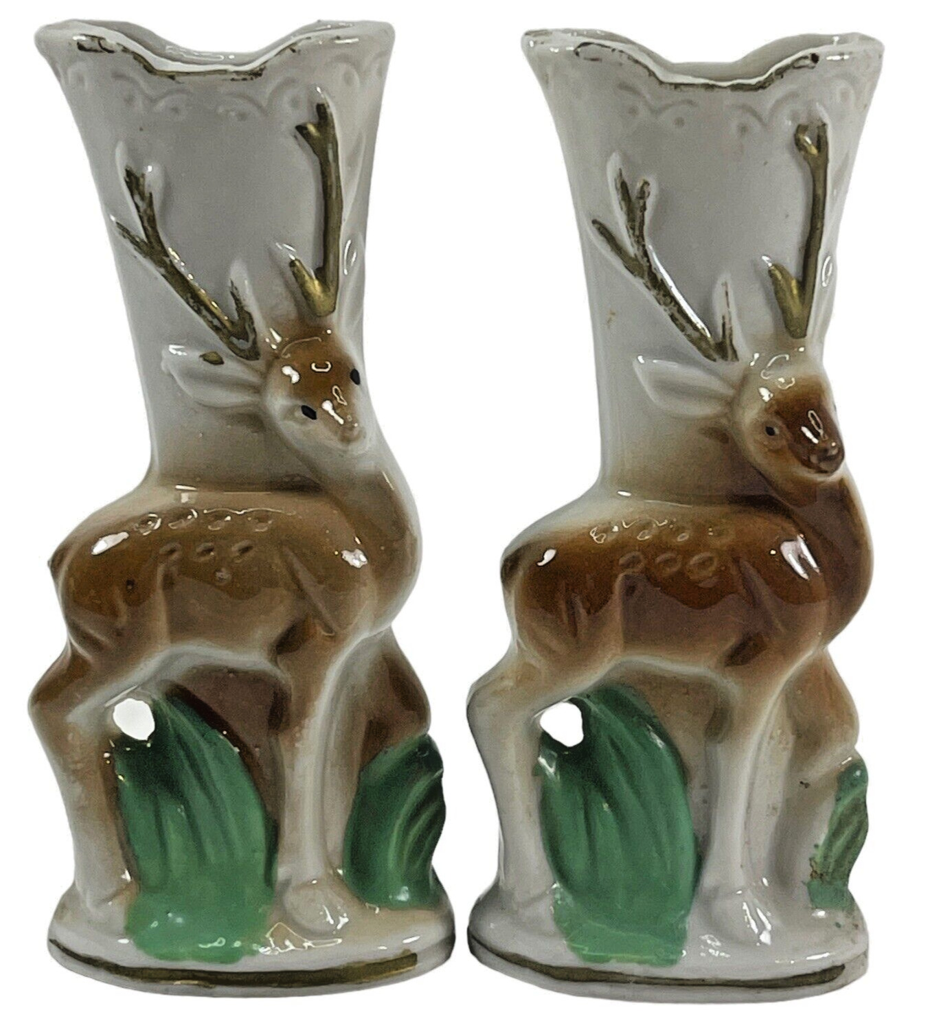 Vintage Pair Deer Bud Vase Pair Set of 2 Ceramic Mid Century MCM Hunting