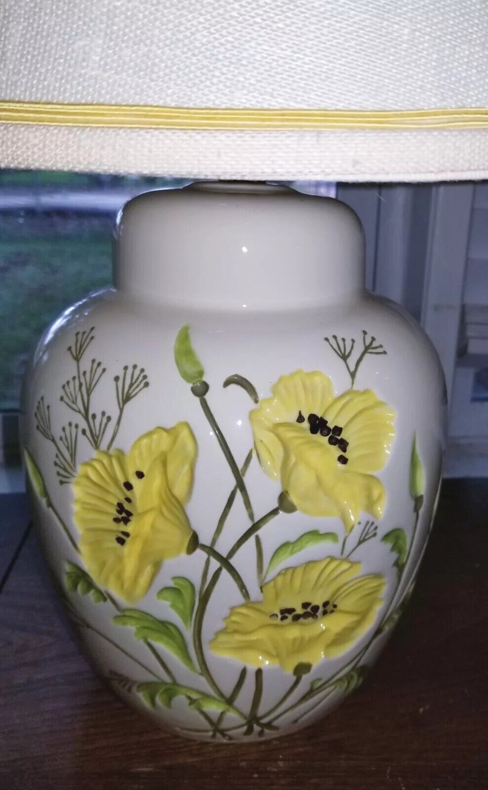 2 Beautiful Vtg Ginger Jar Ceramic Table Lamps Embossed Yellow Flowers 1960's