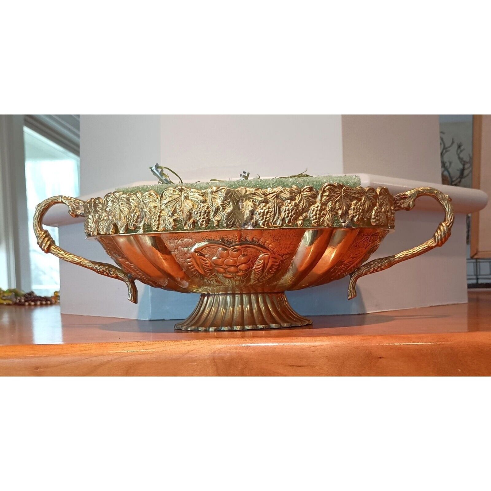 Vintage Oval Brass Centerpiece Bowl Compote Planter Embosse Grapes Brass Heavy