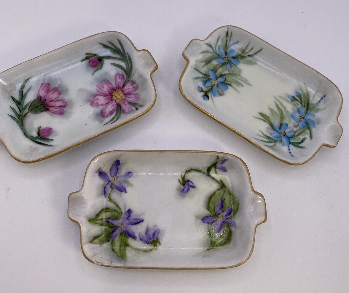 Vintage Trinket Dish Set Ashtrays Handpainted Floral Small Porcelain Trays 1968