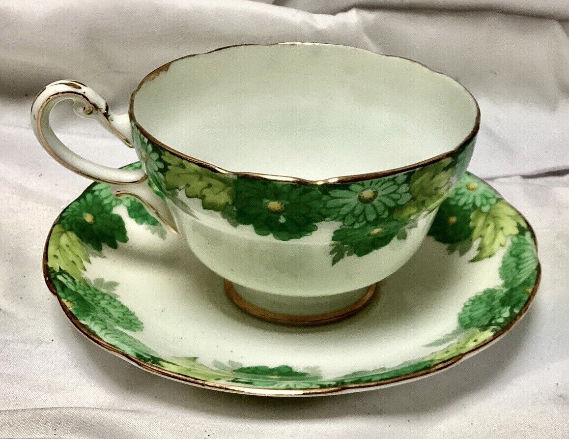 Vtg Paragon Green Floral England Fine Bone China Tea Cup & Saucer Set