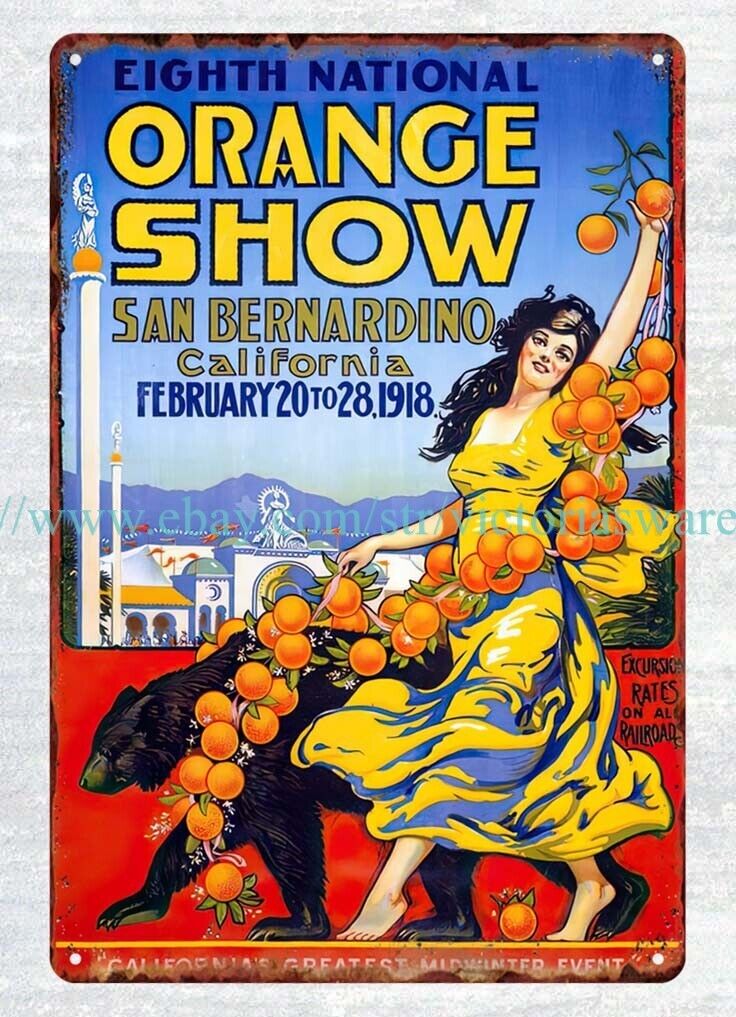 indoor wall 1918 Orange Show San Bernardino California Bear lady metal tin sign