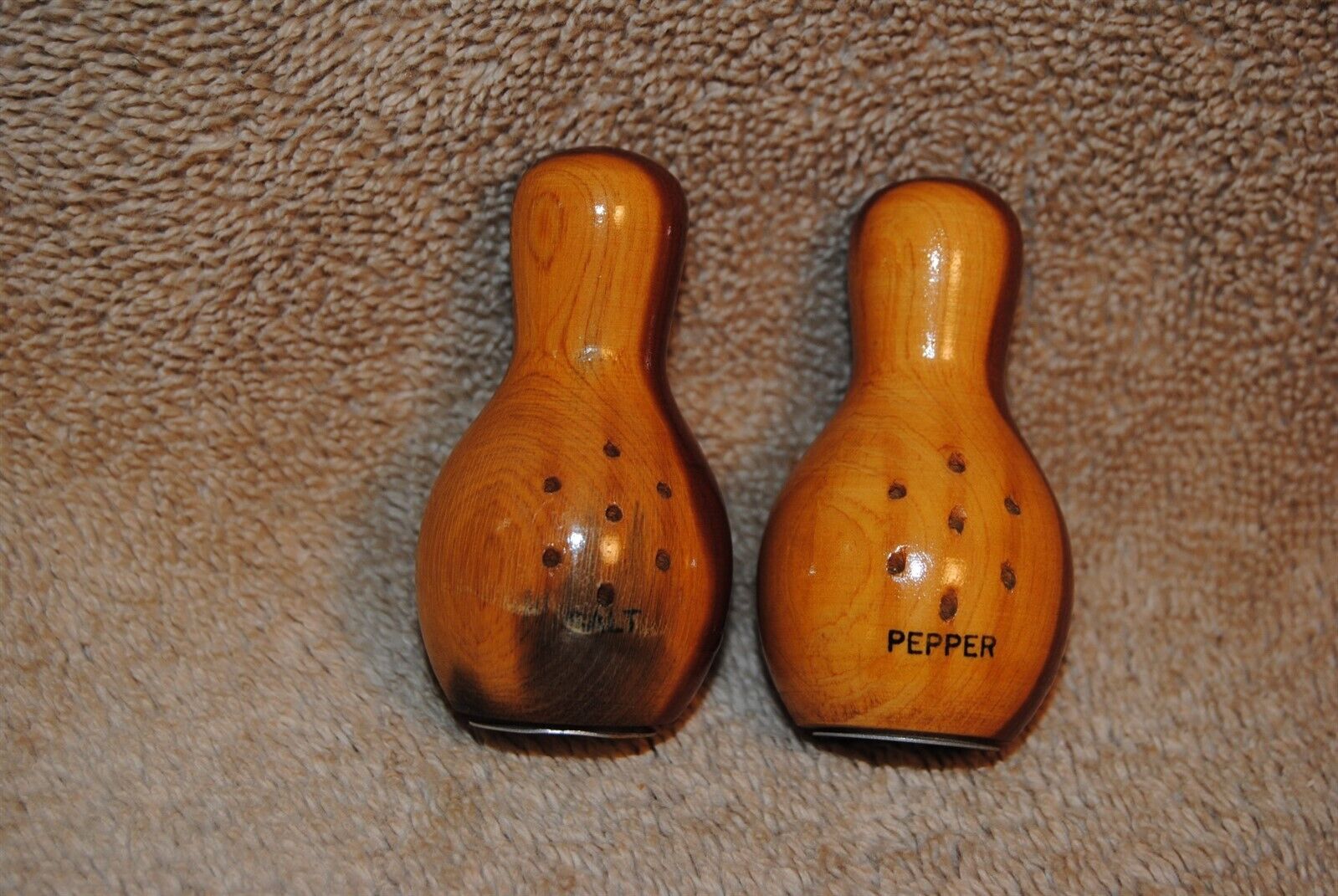 Vintage Salt & Pepper Shakers Wood Bowling Pins 1957