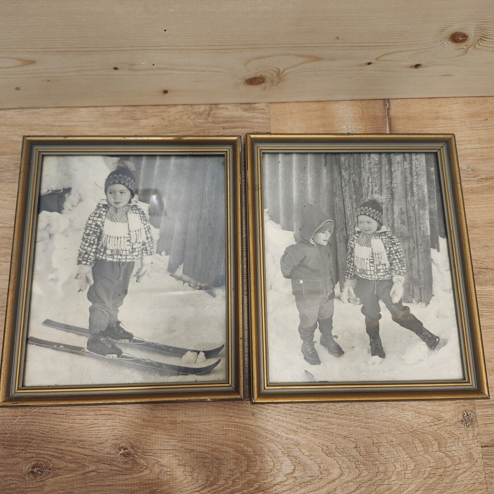 2 Vintage Framed Black And White Photos Girl Boy Skiing Siblings Portrait Snow