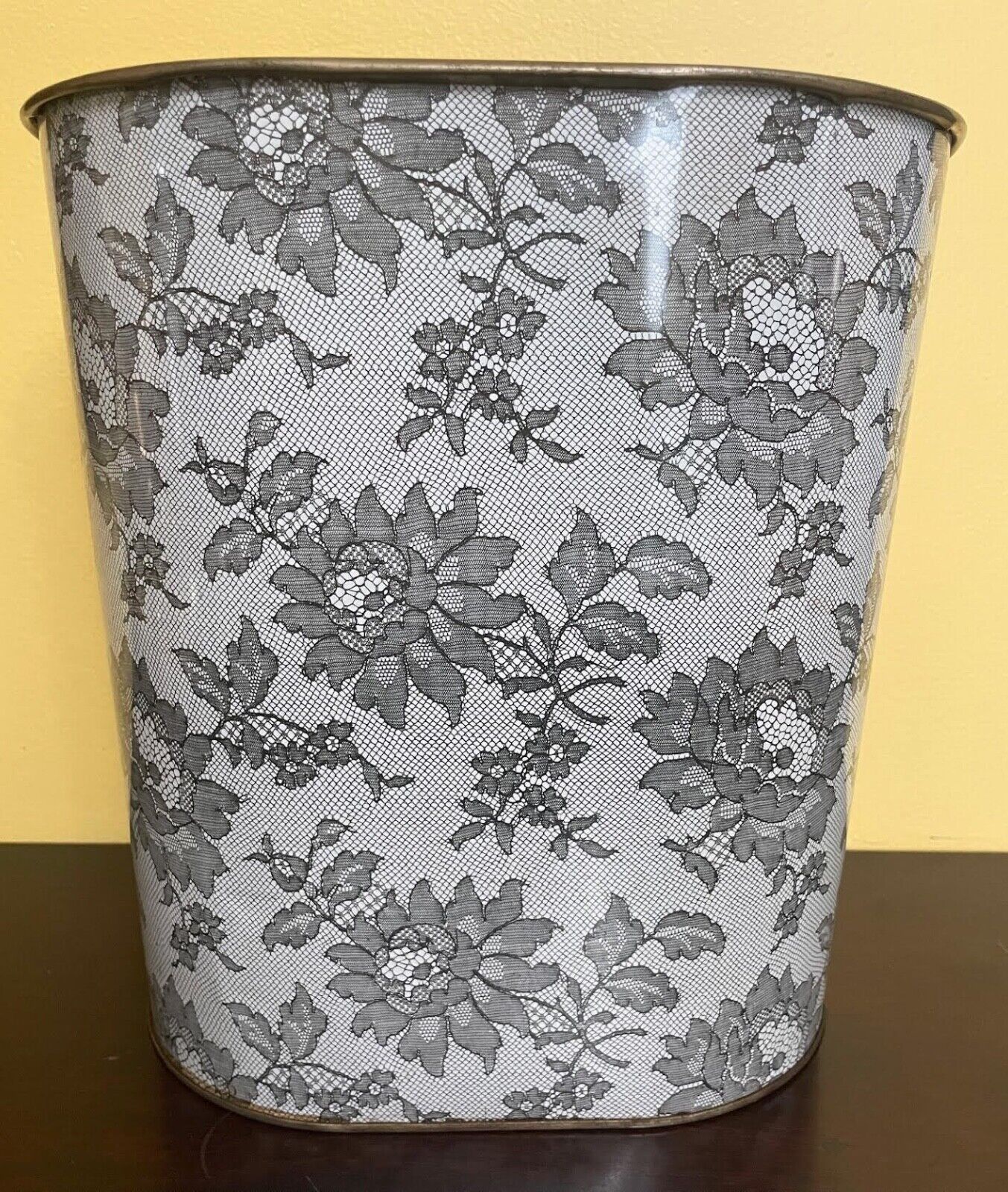 Vintage Metal Wastebasket Chantilly Lace Pattern Trash Can Retro NC Colorware