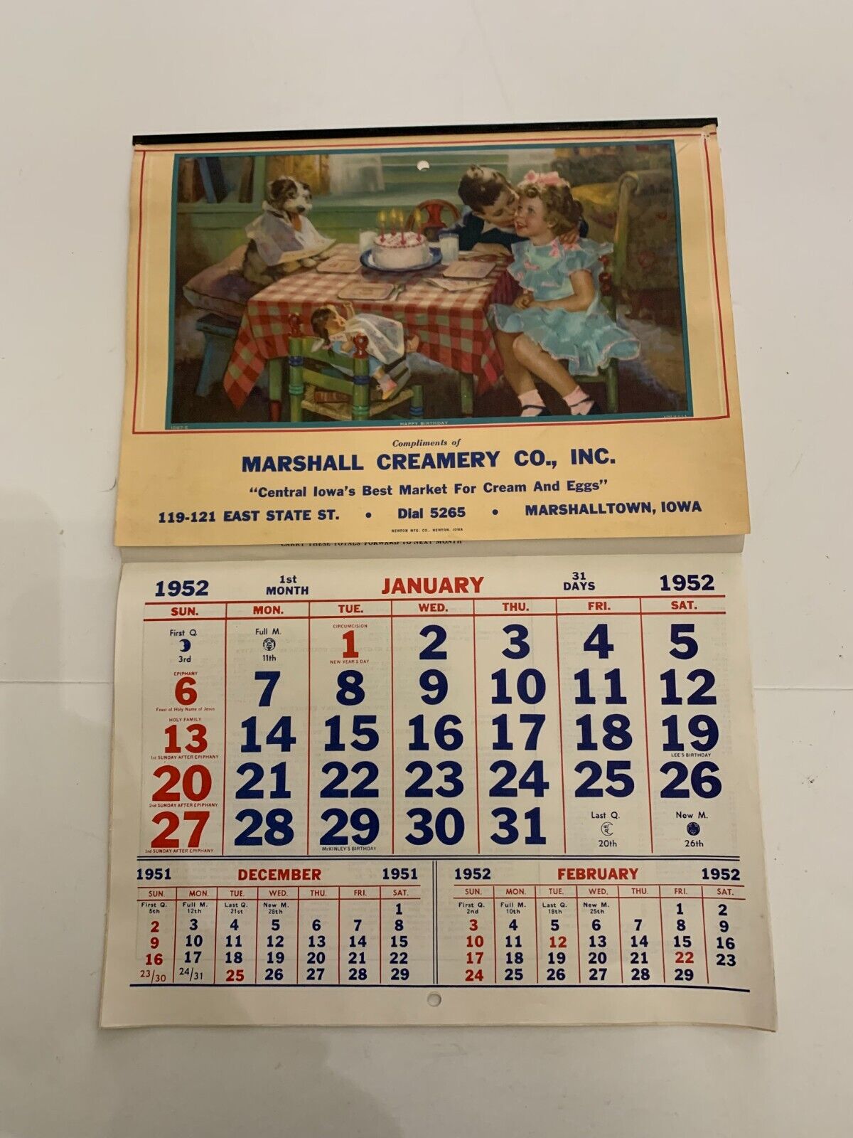 1952 Marshall Creamery Marshalltown Iowa Large Wall Advertising Calendar