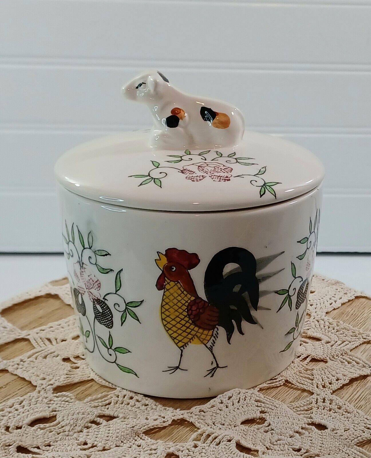 Vintage UCAGCO Early Provincial Lidded Drip Jar Candy Dish ~ Rooster Cow Flower