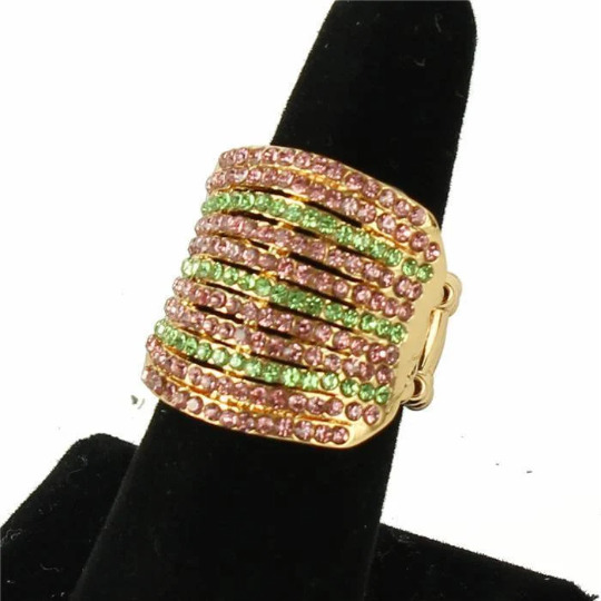 Gold Layered Pink and Green Rhinestone Stretch Ring