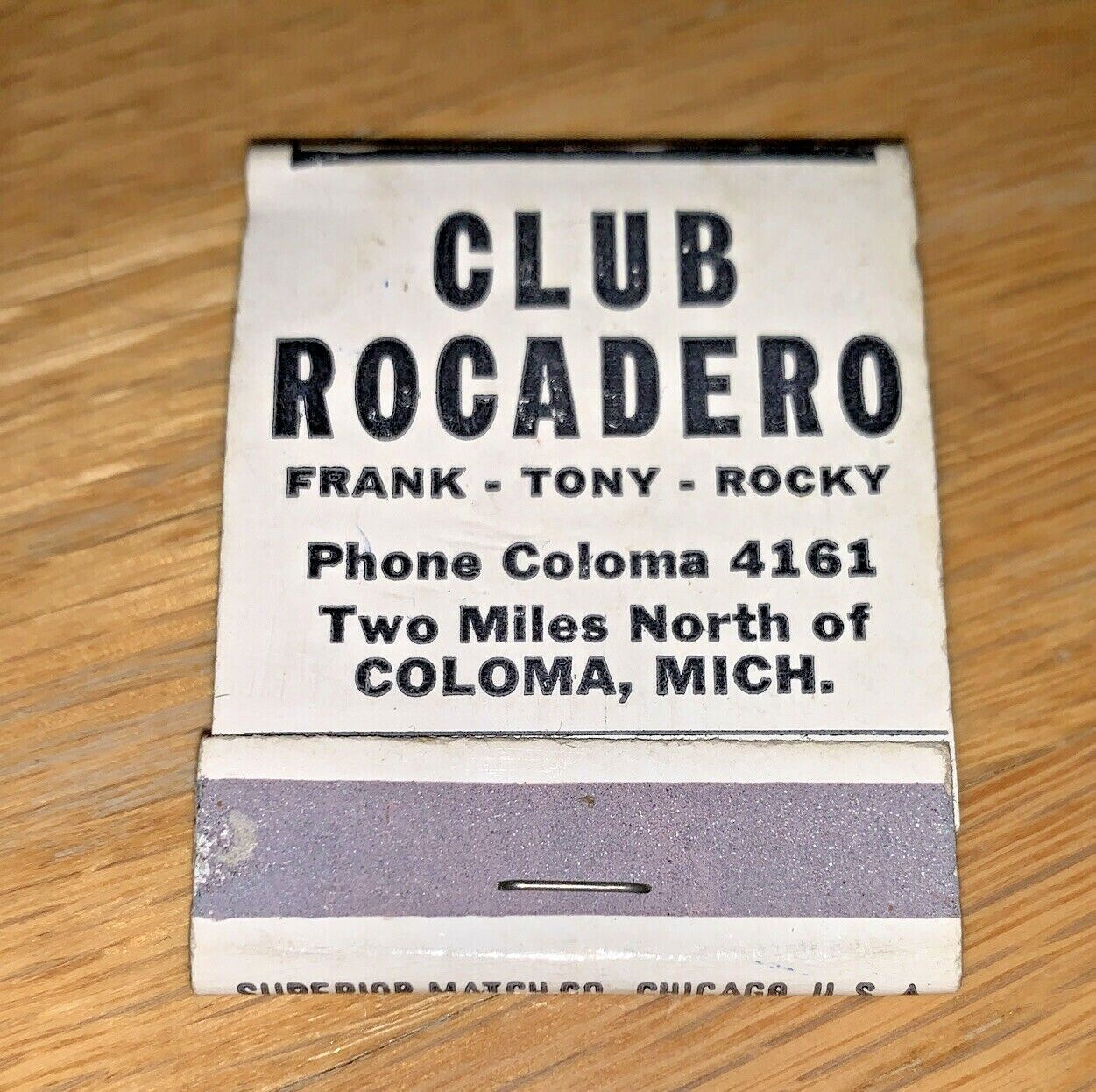 Vintage CLUB ROCADERO (Frank, Tony, Rocky) Unused Matchbook COLOMA Michigan 