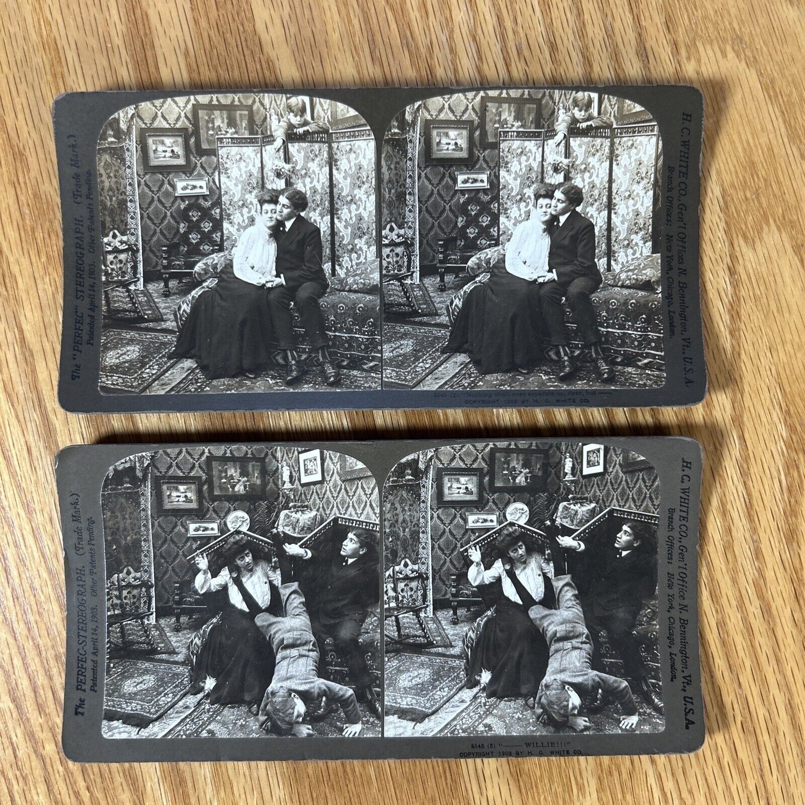 Antique Stereograph Cards Set Funny Couple 1903 Victorian Comedy Kid Stereograph