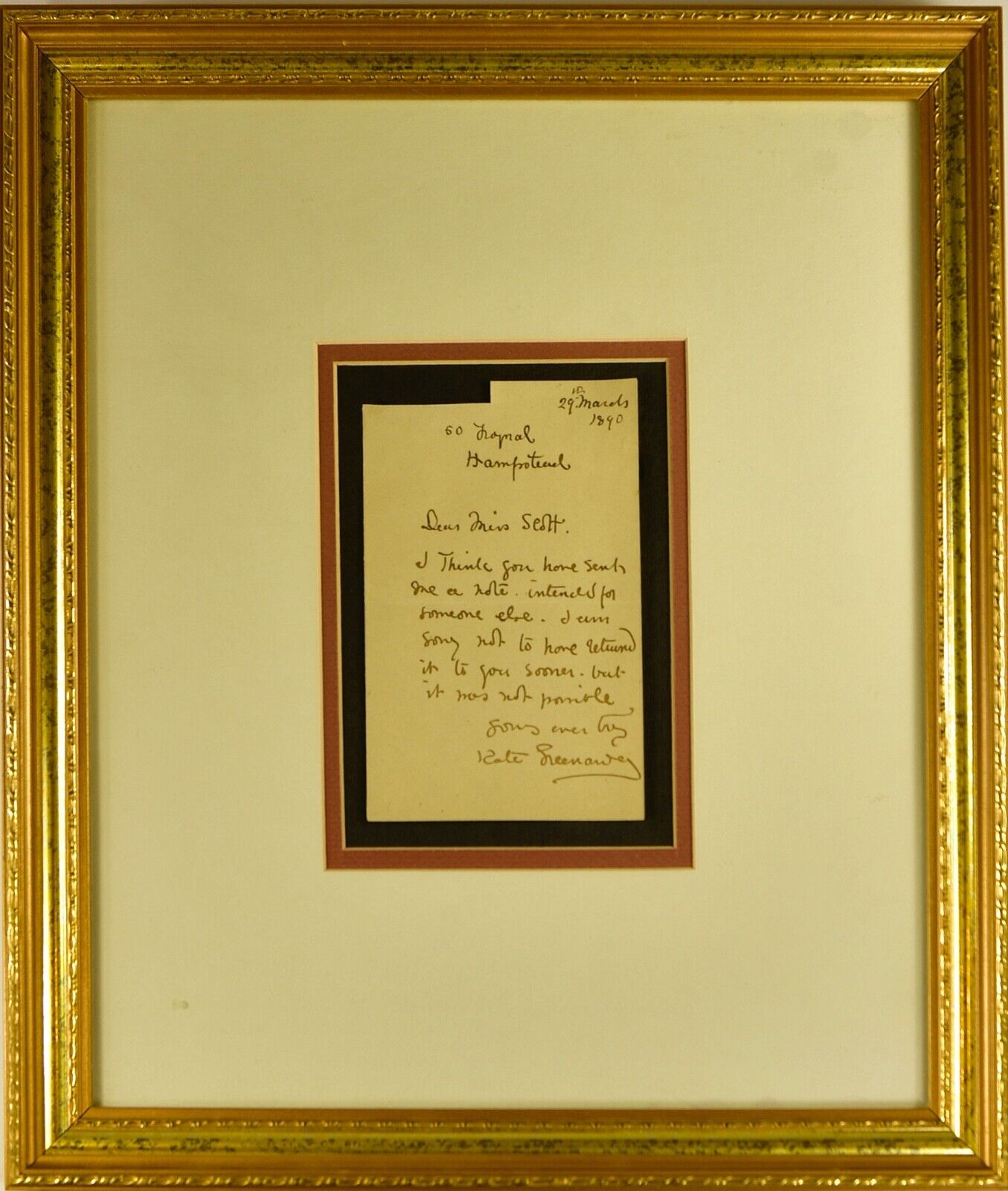 Famous artist Kate Greenaway. Framed 1890 signed autograph letter. Reduced $400
