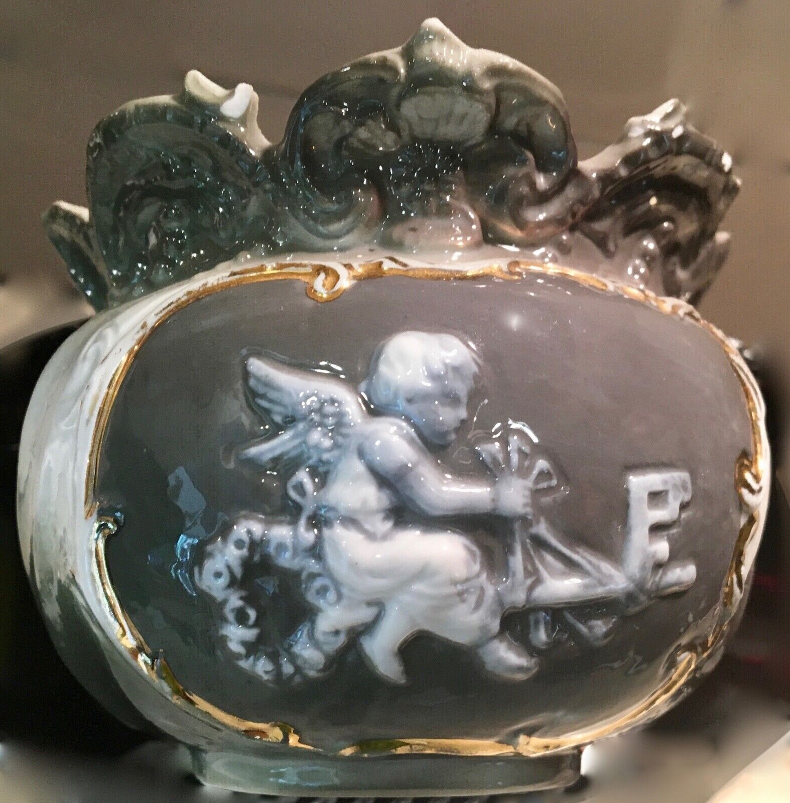 Antique Cherub/Cupid Embossed Porcelain Rose Vase Squat 3\