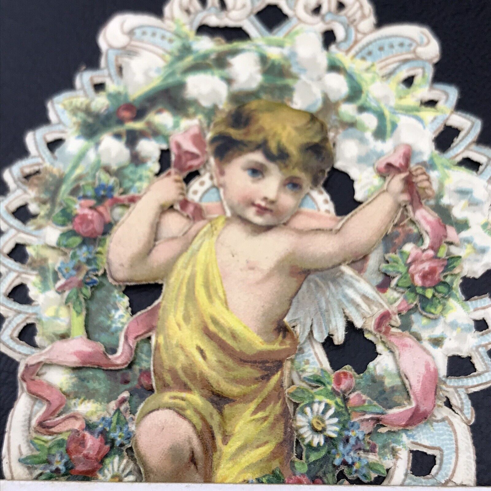 Antique Victorian Valentine Die Cut Ornate Cherub 3D Tiered