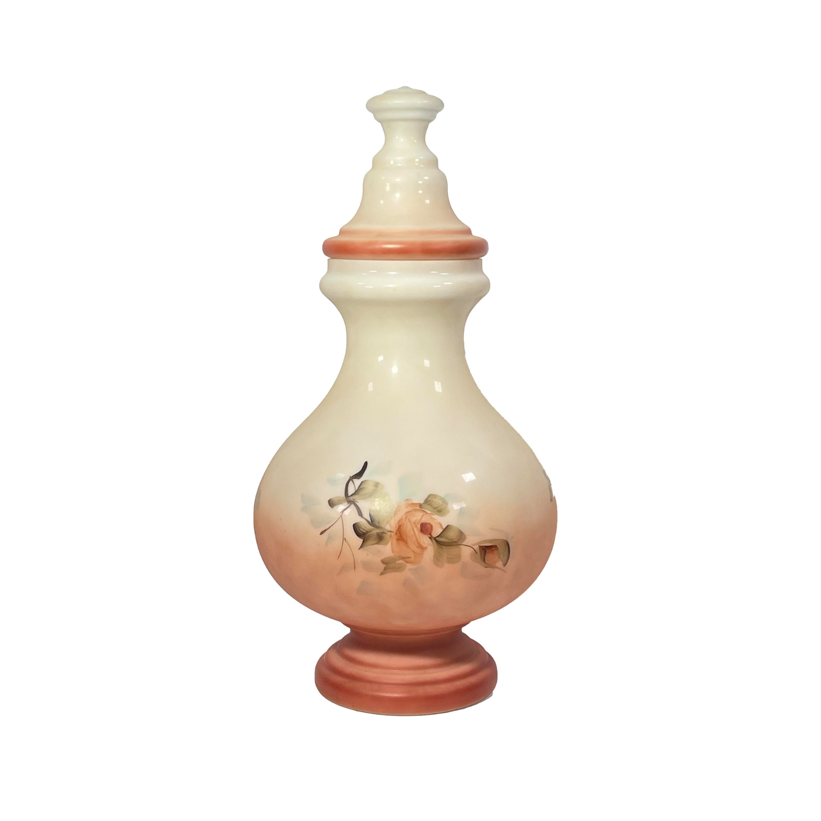German Crafted Milk Glass Urn with a Porcelain-Like Hand-Painted Floral Finish