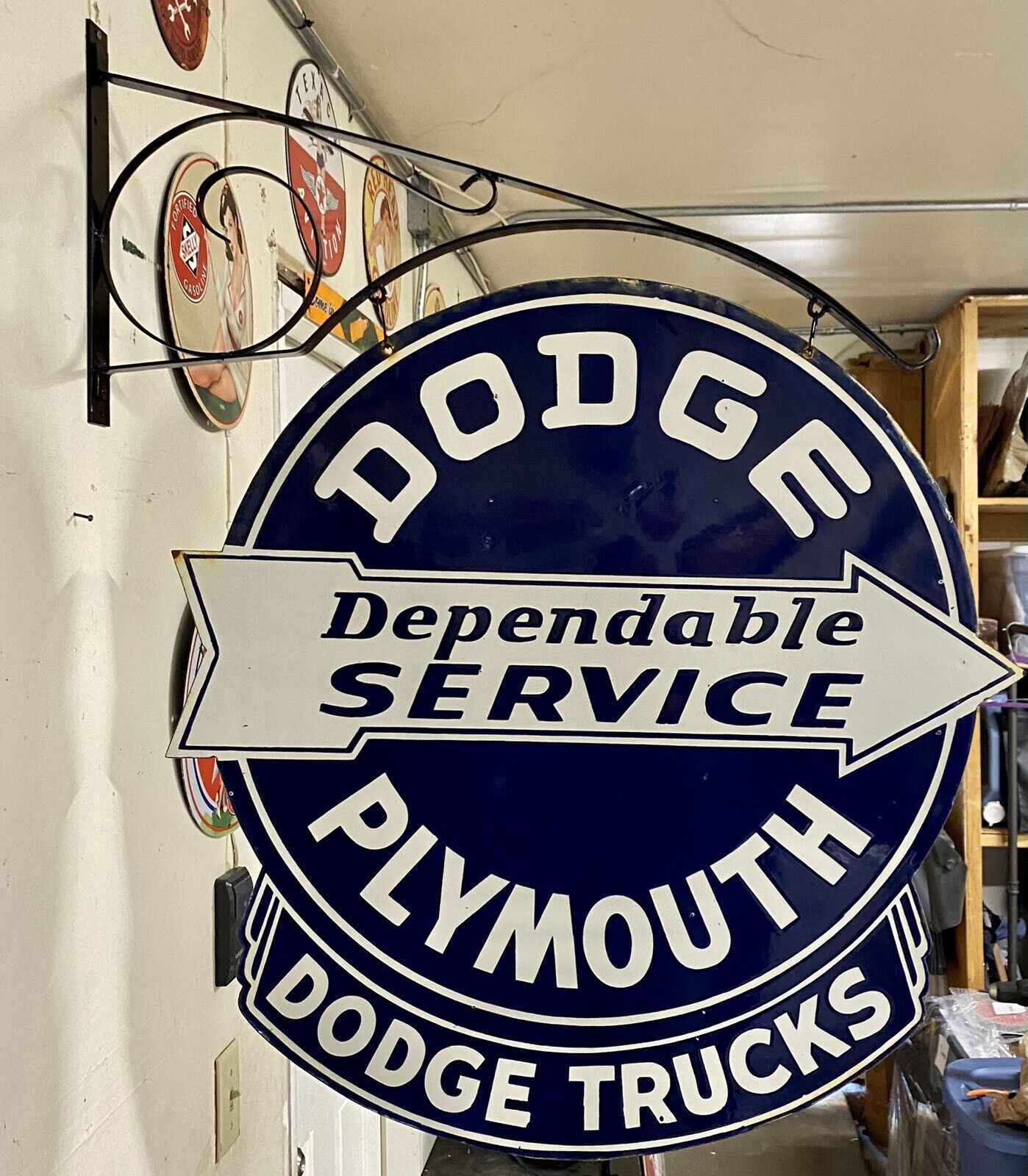 Vintage Dodge Plymouth Dependable Service Porcelain Sign Double Sided W Bracket