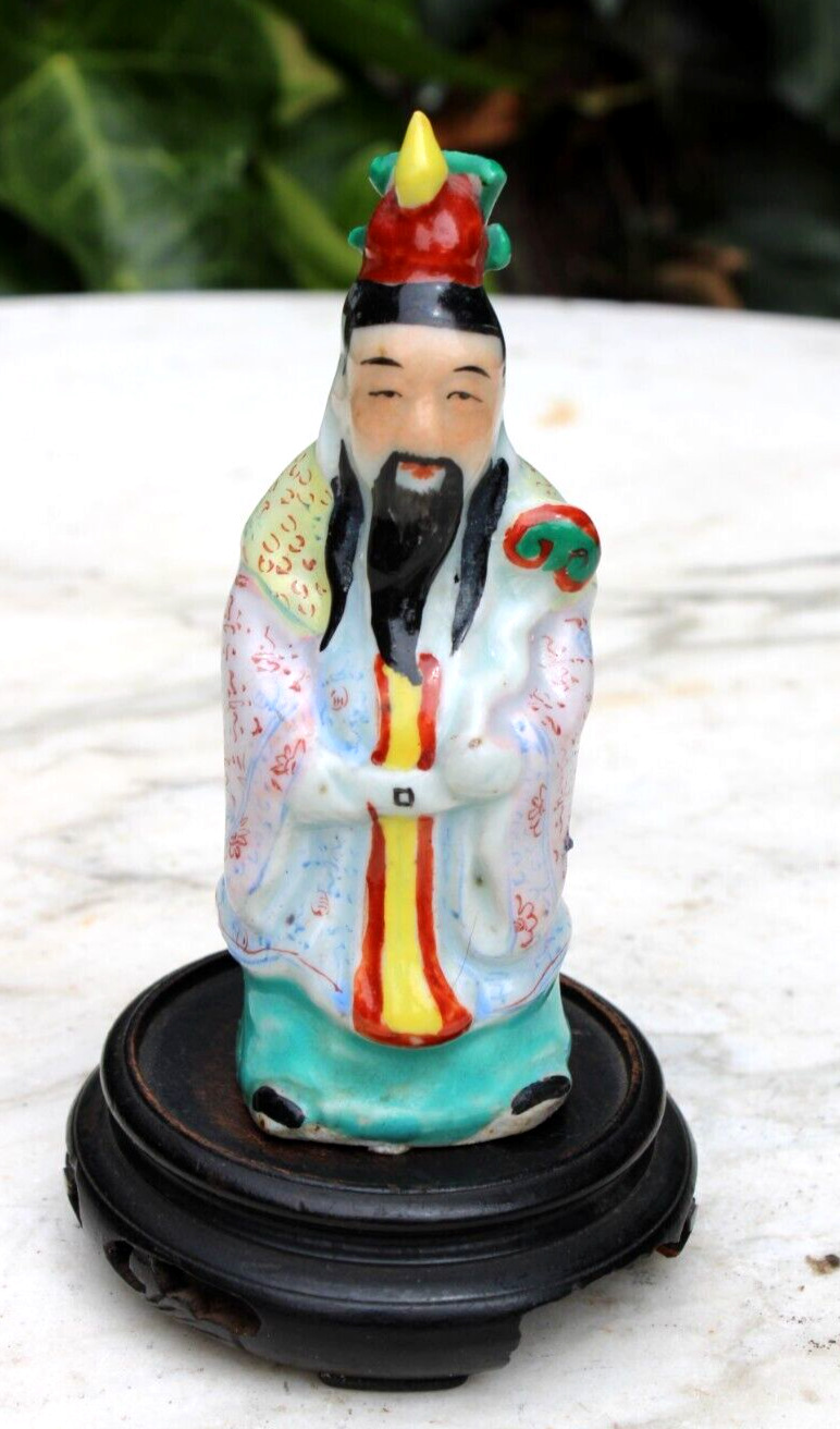 VTG Chinese Porcelain LU Statue Fu Lu Shou Wealth Good Luck Prosperity on Stand